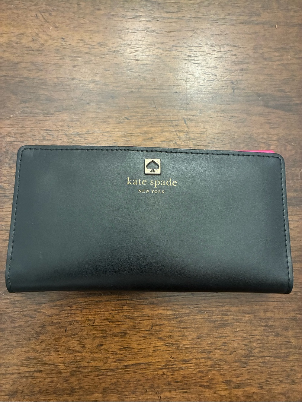 Kate Spade Wallet Bifold Black Hot Pink Gold Snap Zipper Leather